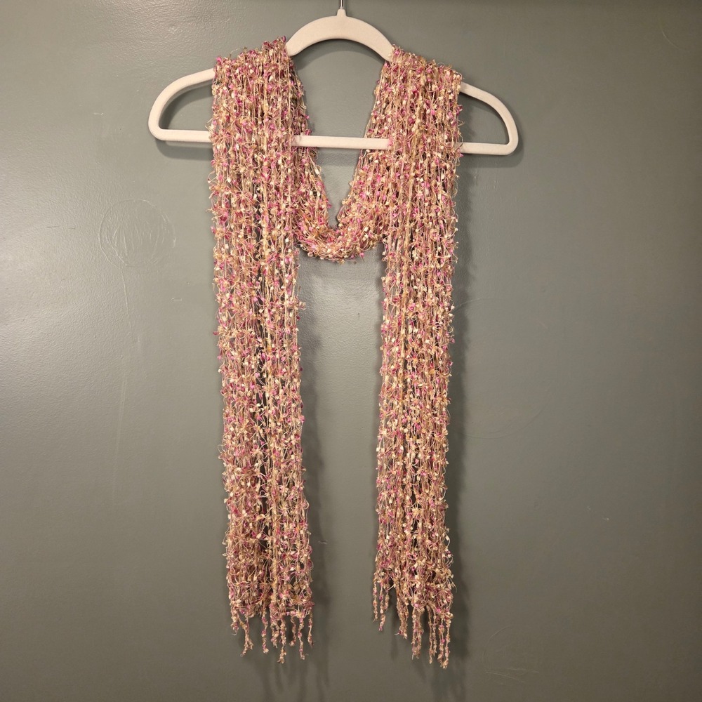 Hand Knit‎ Ladder Ribbon Scarf, Pink Cream Yellow, Boho Y2k Artsy Fairycore